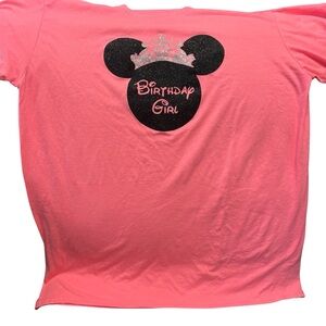 Women’s XL Pink "Birthday Girl" Short Sleeve Tee with Glitter Mouse and Tiara